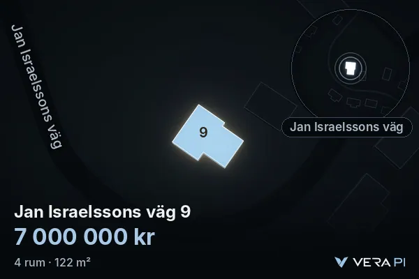 VERA PI:s bild av Jan Israelssons väg 9: huset i 3D, upplyst i blått, och kartan runt omkring