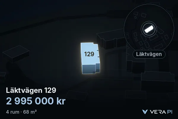 VERA PI:s bild av Läktvägen 129: huset i 3D, upplyst i blått, och kartan runt omkring