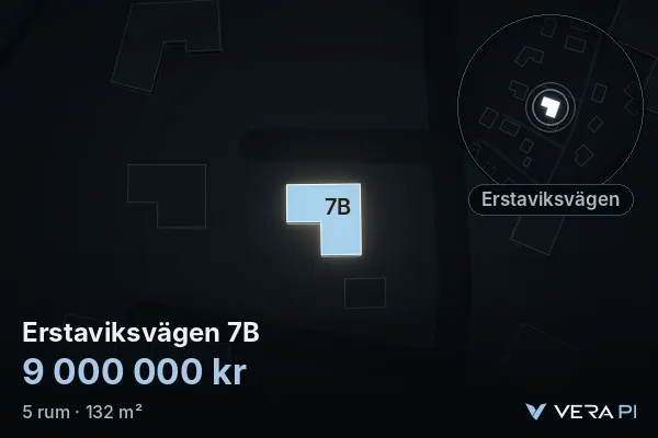 VERA PI's image of Erstaviksvägen 7B: the building in 3D, lit in blue, and the map around it