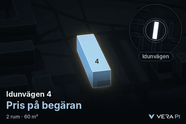 VERA PI:s bild av Idunvägen 4: huset i 3D, upplyst i blått, och kartan runt omkring