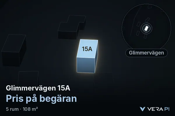 VERA PI:s bild av Glimmervägen 15A: huset i 3D, upplyst i blått, och kartan runt omkring