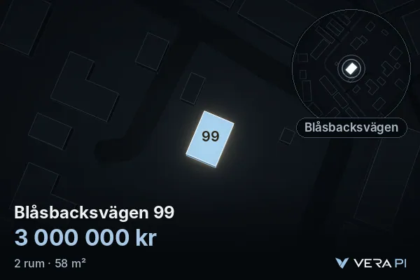VERA PI's image of Blåsbacksvägen 99: the building in 3D, lit in blue, and the map around it