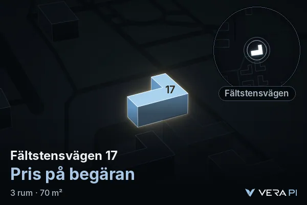 VERA PI:s bild av Fältstensvägen 17: huset i 3D, upplyst i blått, och kartan runt omkring