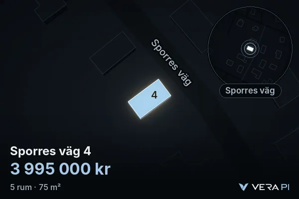 VERA PI:s bild av Sporres väg 4: huset i 3D, upplyst i blått, och kartan runt omkring