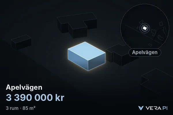 VERA PI's image of Apelvägen: the building in 3D, lit in blue, and the map around it