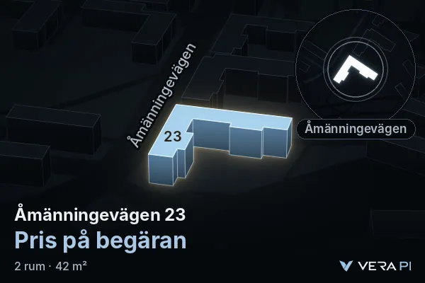 VERA PI:s bild av Åmänningevägen 23: huset i 3D, upplyst i blått, och kartan runt omkring