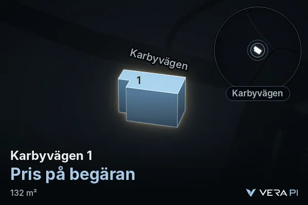 VERA PI's image of Karbyvägen 1: the building in 3D, lit in blue, and the map around it