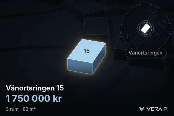VERA PI:s bild av Vänortsringen 15: huset i 3D, upplyst i blått, och kartan runt omkring