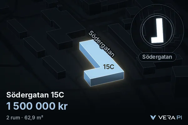VERA PI's image of Södergatan 15C: the building in 3D, lit in blue, and the map around it