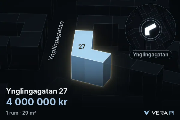 VERA PI:s bild av Ynglingagatan 27: huset i 3D, upplyst i blått, och kartan runt omkring