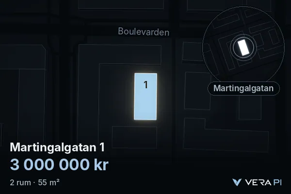 VERA PI:s bild av Martingalgatan 1: huset i 3D, upplyst i blått, och kartan runt omkring