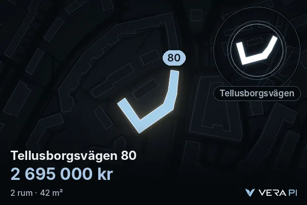 VERA PI:s bild av Tellusborgsvägen 80: huset i 3D, upplyst i blått, och kartan runt omkring