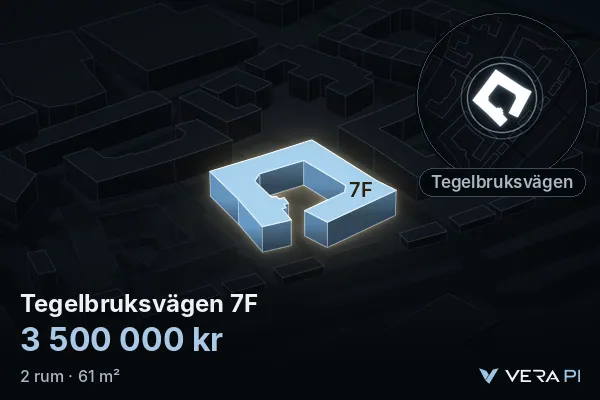 VERA PI's image of Tegelbruksvägen 7F: the building in 3D, lit in blue, and the map around it
