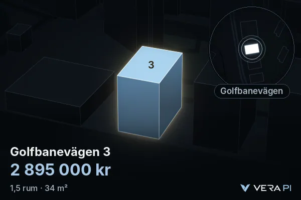 VERA PI:s bild av Golfbanevägen 3: huset i 3D, upplyst i blått, och kartan runt omkring