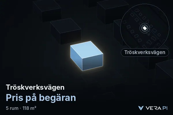 VERA PI's image of Tröskverksvägen: the building in 3D, lit in blue, and the map around it