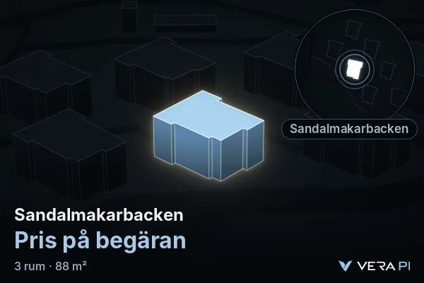 VERA PI's image of Sandalmakarbacken: the building in 3D, lit in blue, and the map around it