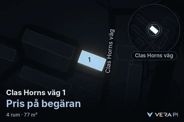 VERA PI's image of Clas Horns väg 1: the building in 3D, lit in blue, and the map around it