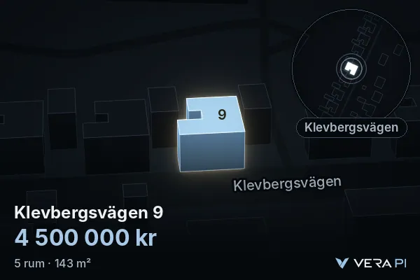 VERA PI:s bild av Klevbergsvägen 9: huset i 3D, upplyst i blått, och kartan runt omkring