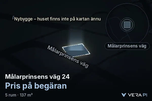 VERA PI:s bild av Målarprinsens väg 24: huset i 3D, upplyst i blått, och kartan runt omkring