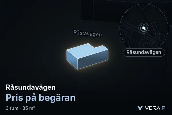 VERA PI's image of Råsundavägen: the building in 3D, lit in blue, and the map around it