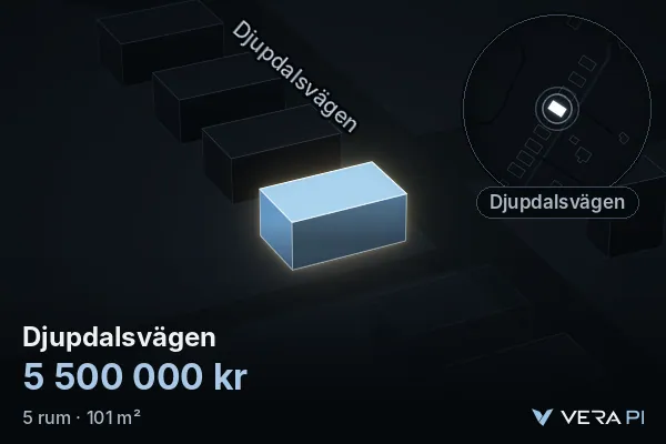 VERA PI:s bild av Djupdalsvägen: huset i 3D, upplyst i blått, och kartan runt omkring