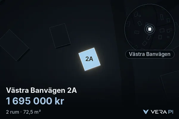 VERA PI's image of Västra Banvägen 2A: the building in 3D, lit in blue, and the map around it