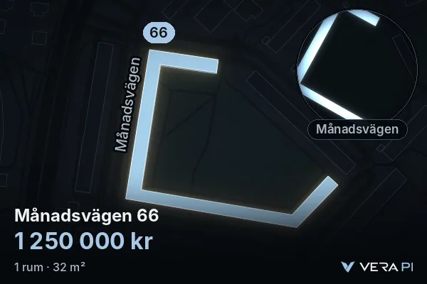 VERA PI's image of Månadsvägen 66: the building in 3D, lit in blue, and the map around it