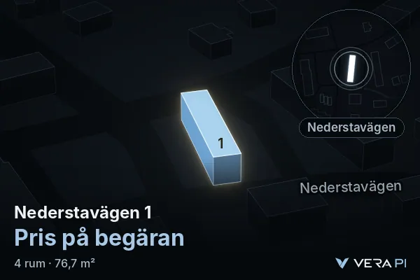 VERA PI:s bild av Nederstavägen 1: huset i 3D, upplyst i blått, och kartan runt omkring