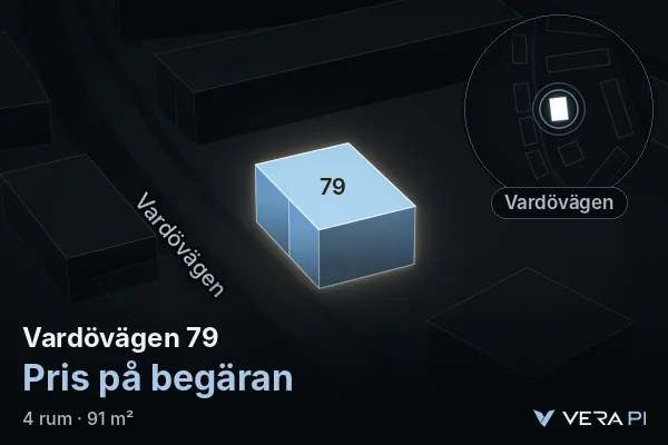 VERA PI:s bild av Vardövägen 79: huset i 3D, upplyst i blått, och kartan runt omkring