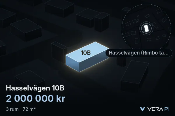 VERA PI's image of Hasselvägen 10B: the building in 3D, lit in blue, and the map around it