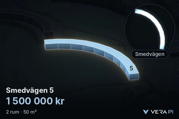 VERA PI's image of Smedvägen 5: the building in 3D, lit in blue, and the map around it