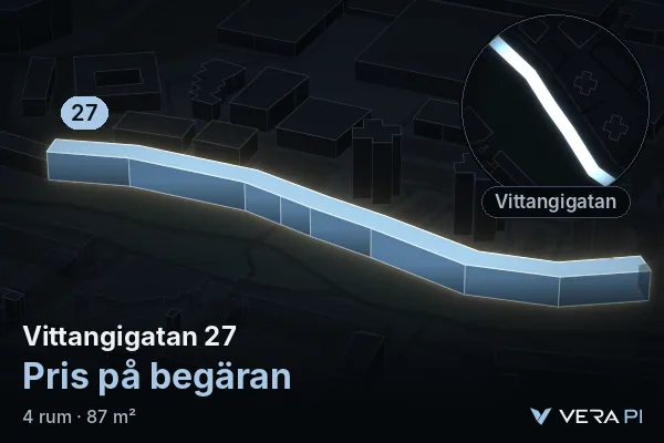 VERA PI:s bild av Vittangigatan 27: huset i 3D, upplyst i blått, och kartan runt omkring
