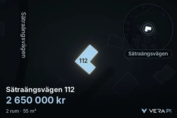 VERA PI's image of Sätraängsvägen 112: the building in 3D, lit in blue, and the map around it