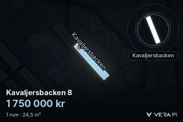 VERA PI:s bild av Kavaljersbacken 8: huset i 3D, upplyst i blått, och kartan runt omkring