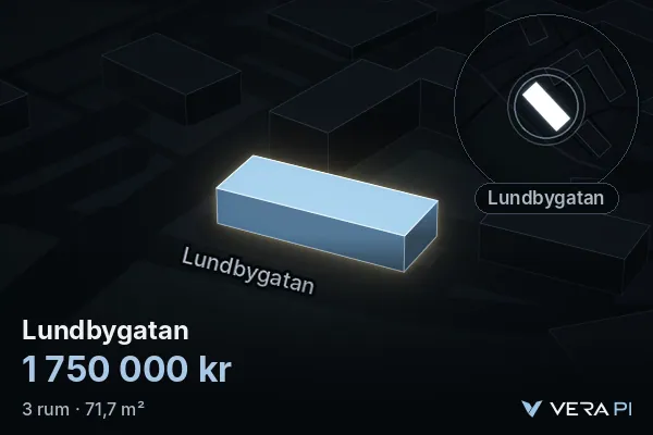 VERA PI's image of Lundbygatan: the building in 3D, lit in blue, and the map around it