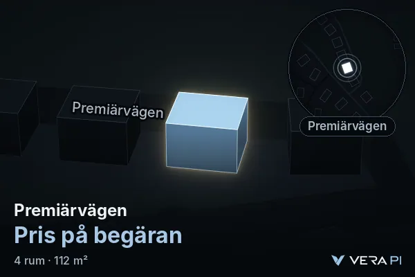VERA PI:s bild av Premiärvägen: huset i 3D, upplyst i blått, och kartan runt omkring