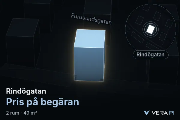 VERA PI:s bild av Rindögatan: huset i 3D, upplyst i blått, och kartan runt omkring