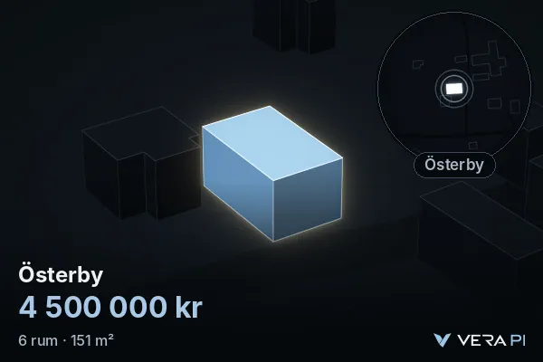 VERA PI's image of Österby: the building in 3D, lit in blue, and the map around it