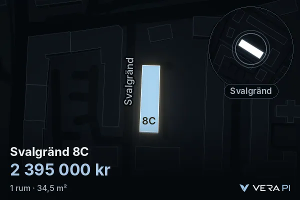 VERA PI:s bild av Svalgränd 8C: huset i 3D, upplyst i blått, och kartan runt omkring
