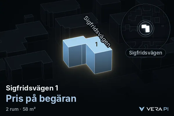 VERA PI's image of Sigfridsvägen 1: the building in 3D, lit in blue, and the map around it