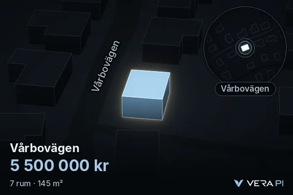 VERA PI:s bild av Vårbovägen: huset i 3D, upplyst i blått, och kartan runt omkring