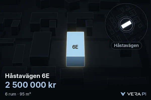 VERA PI's image of Håstavägen 6E: the building in 3D, lit in blue, and the map around it