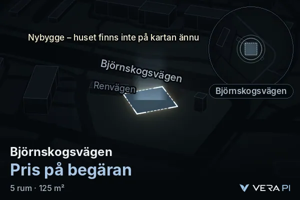 VERA PI's image of Björnskogsvägen: the building in 3D, lit in blue, and the map around it
