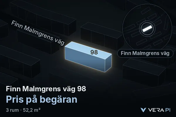 VERA PI:s bild av Finn Malmgrens väg 98: huset i 3D, upplyst i blått, och kartan runt omkring