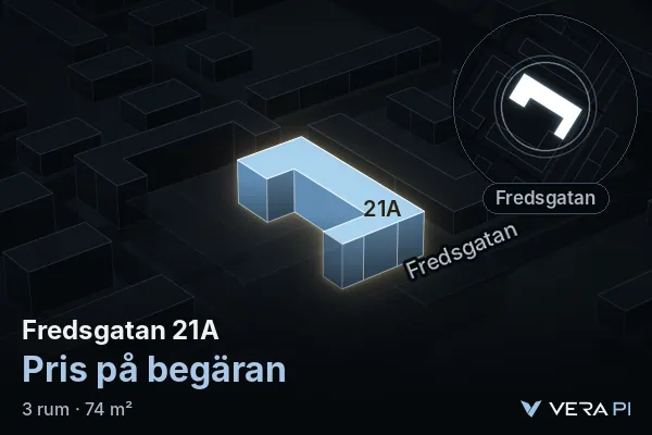 VERA PI's image of Fredsgatan 21A: the building in 3D, lit in blue, and the map around it
