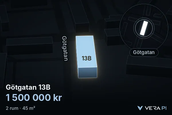 VERA PI:s bild av Götgatan 13B: huset i 3D, upplyst i blått, och kartan runt omkring