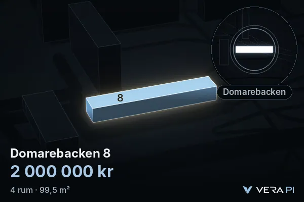 VERA PI's image of Domarebacken 8: the building in 3D, lit in blue, and the map around it