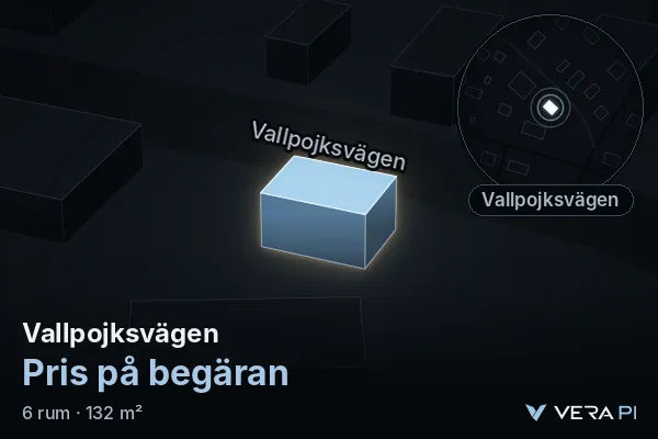 VERA PI:s bild av Vallpojksvägen: huset i 3D, upplyst i blått, och kartan runt omkring