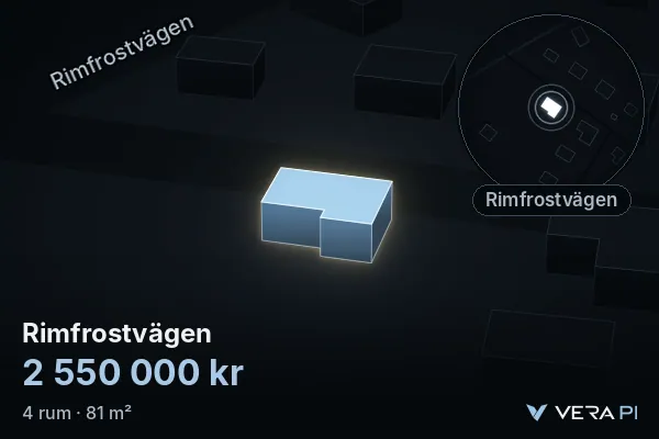 VERA PI:s bild av Rimfrostvägen: huset i 3D, upplyst i blått, och kartan runt omkring