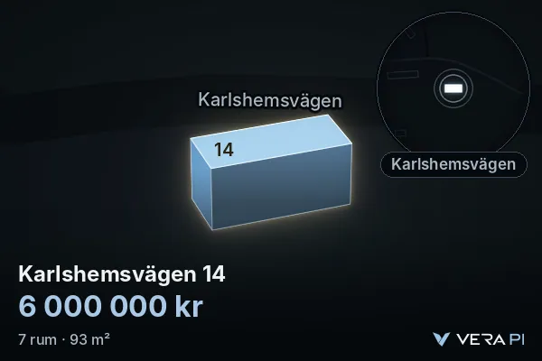 VERA PI:s bild av Karlshemsvägen 14: huset i 3D, upplyst i blått, och kartan runt omkring